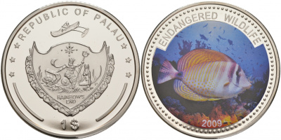 Палау 1 доллар 2009 серия вымирающие виды, рыба зебрасома (Zebrasoma veliferum), цветная эмаль KM 285 медно-никель PROOF M39-8