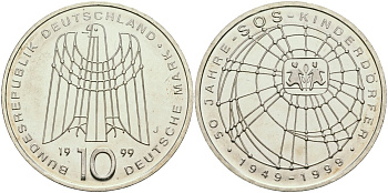 ФРГ 10 марок 1999 J, 50 лет организации защиты детей KM 198 серебро UNC 04-137-11