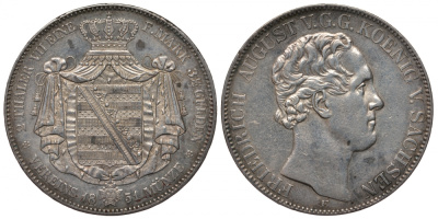 Саксония 2 талера 1851 Фридрих Август II Dav. 874, KM 1149 серебро 00-804-46