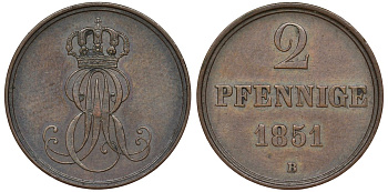 Ганновер 2 пфеннига 1851 B, Эрнст Август (1837-1851) KM 202.1, AKS 124, J. 75 медь 4681-1017
