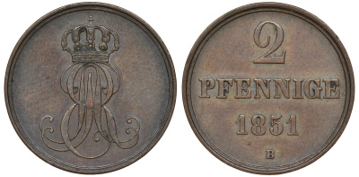 Ганновер 2 пфеннига 1851 B, Эрнст Август (1837-1851) KM 202.1, AKS 124, J. 75 медь 4681-1017