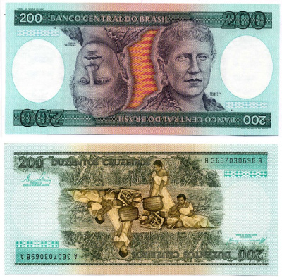 Бразилия 200 крузейро 1984 серия А 3607, подпись 21 Pick 199b бумага UNC (пресс) 8603-39-1-2
