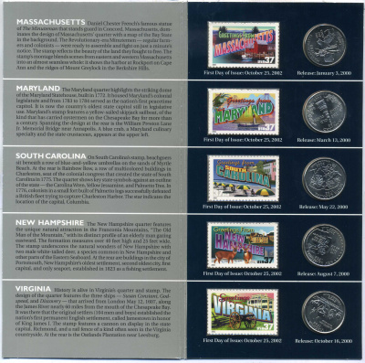 США набор из 5 монет квотеров + 5 марок 2000 в оригинальном буклете с описанием, запайка, Массачусетс, Мэриленд, Южная Каролина, Нью-Гемпшир, Вирджиния медь плакированная медно-никелем UNC 7-5-6-19