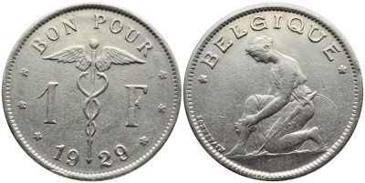 БЕЛЬГИЯ 1 ФРАНК 1929 BELGIQUE KM 89 никель 23-947