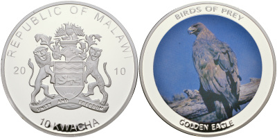 Малави 10 квача 2010 хищные птицы, беркут, цветная эмаль, диаметр 50 мм PROOF 05-089-13