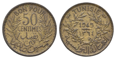 Тунис 50 сантимов 1945 KM 246 алюминиевая бронза 4392-248