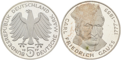 ФРГ 5 марок 1977 J, 200 лет со дня рождения Карла Фридриха Гаусса KM 145, J.420 серебро PROOF 02-230-41