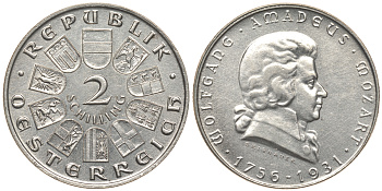 Австрия 2 шиллинга 1931 175 лет со дня рождения Моцарта KM 2847 серебро 413-6723
