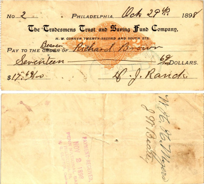 США чек на 17,69 долларов 1898 Филадельфия бумага 2196-27-1-2