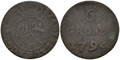 Польша 6 грошей (шостак) 1794 Станислав Август Понятовский (1764-1795) KM 215, Gum. 2354, Kopicki 2286 биллон 4158-536