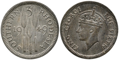 Британская Южная Родезия 3 пенса 1949 Георг VI (1936-1952) KM 20 медно-никель 4532-239