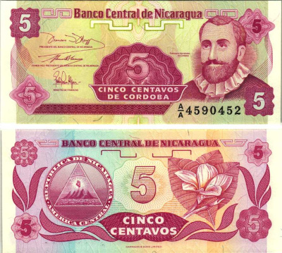 НИКАРАГУА 5 СЕНТАВО 1991 ФРАНСИСКО ЭРНАНДЕС де КОДОБА Pick 168 бумага UNC (ПРЕСС) 7548-95-1-2
