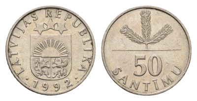 Латвия 50 сантимов 1992 KM 13 медно-никель 4689-757