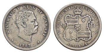 Гавайи 1/4 доллара 1883 KM 5 серебро 1524-614