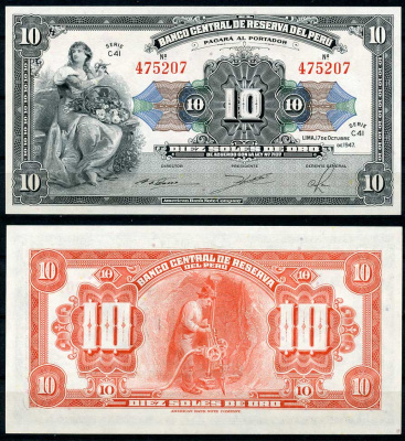 Перу 10 солей 1947 свобода с корзиной фруктов, буровой рабочий Pick 67A a  бумага  UNC (пресс) 000-00-00
