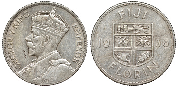 Фиджи 1 флорин 1936 Георг V (1910-1936), герб Фиджи KM 5 серебро    1531-1012