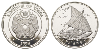 Тонга 1 паанга 1998 Полинезийский катамаран KM 174 серебро 1091-7-34