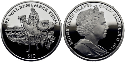 Британские Виргинские острова 10 долларов 2014 в память героев первой мировой войны, солдат верхом на верблюде KM NEW серебро  PROOF  1071-1-44