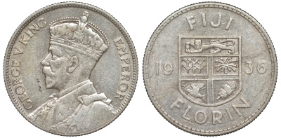 Фиджи 1 флорин 1936 Георг V (1910-1936), герб Фиджи KM 5 серебро    1531-1012