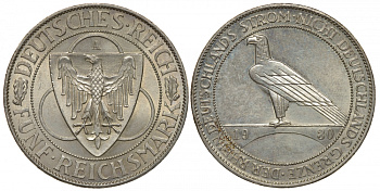 Германия 5 марок 1930 A, освобождение Рейнланда J. 346, KM 71 серебро aUNC 00-804-04