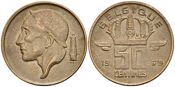 БЕЛЬГИЯ 50 САНТИМОВ 1969 BELGIQUE KM 148.1 бронза 4528-922