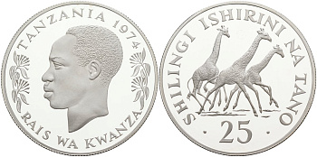 Танзания 25 шиллингов 1974 серия защита окружающей среды, жирафы, тираж 13000 экз. KM 7а серебро PROOF 1069-3-63