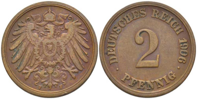 ГЕРМАНИЯ 2 ПФЕННИГА 1906 F KM 16, J. 11, Weege 4 медь 206-526