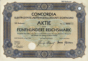 Германия 500 рейхсмарок 1934 АО Электрическая компания Конкордия, Дортмунд, акция   бумага 8803-25-1