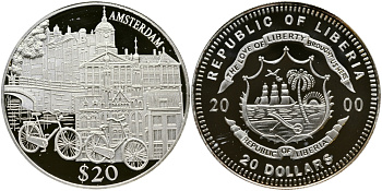 Либерия 20 долларов 2000 серия памятники архитектуры, Амстердам KM 655 серебро PROOF 1066-9-15