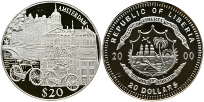 Либерия 20 долларов 2000 серия памятники архитектуры, Амстердам KM 655 серебро PROOF 1066-9-15