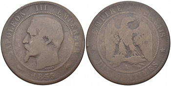 Франция 10 сантимов 1855 A, Наполеон III (1852-1870) KM 771.1, Le Franc 133,19 бронза 114-1245