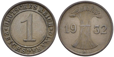 ГЕРМАНИЯ 1 РЕЙХСПФЕННИГ 1932 A KM 37, J. 313, Weege 2 бронза 4547-161