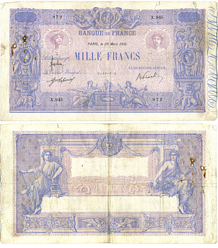 Франция 1000 франков 1916 29 марта 1916 Pick 67 g бумага 434-1-2-1