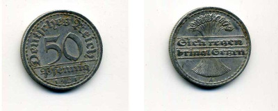 ГЕРМАНИЯ 50 ПФЕННИГОВ 1921 A KM 27, J. 301 алюминий 35-1234