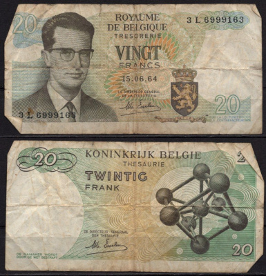 Бельгия 20 франков 1964 Бодуэн I; Атомиум, Брюссель Pick 138 (2) бумага 7548-110-4-2