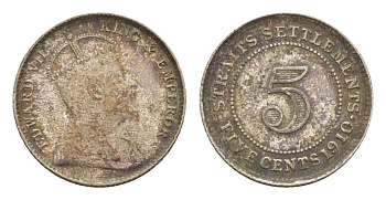 Стрейтс-Сетлментс (Стрейтс Сетлментс) 5 центов 1910 Эдуард VII (1901-1910) KM 20a серебро 1519-1032