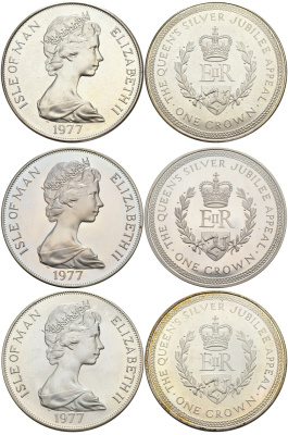 Остров Мэн набор из 3 монет по 1 крона 1977 25 лет правления Елизаветы II, в буклете KM 42, 42а, 42а серебро, серебро, медно-никель PROOF, UNC, UNC 7-5-1-23