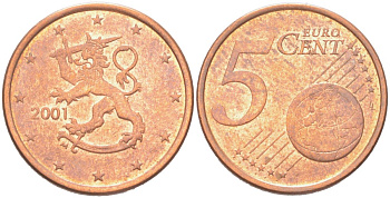 Финляндия 5 евроцентов 2001 KM 100 сталь плакированная медью aUNC 4614-731