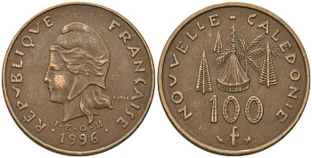 Французская Новая Каледония 100 франков 1996 хижина среди сосен и пальм, (IEOM) KM 15, Schoen 16, Lec 139 никель бронза 4680-1011