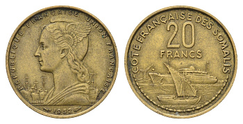 Французское Сомали 20 франков 1952 год-тип KM 7 алюминиевая бронза 1527-1124