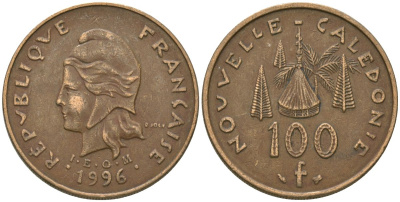 Французская Новая Каледония 100 франков 1996 хижина среди сосен и пальм, (IEOM) KM 15, Schoen 16, Lec 139 никель бронза 4680-1011