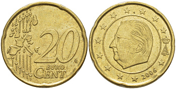 БЕЛЬГИЯ 20 ЕВРОЦЕНТОВ 2006 АЛЬБЕРТ II KM 228 латунь 4543-427