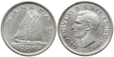 Канада 10 центов 1941 Георг VI (1936-1952), парусник KM 34 серебро     4532-739