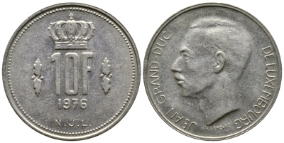 Люксембург 10 франков 1976 Герцог Жан (1964-2000) KM 57 никель 91-125