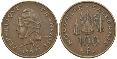 Французская Новая Каледония 100 франков 1997 хижина среди сосен и пальм, (IEOM) KM 15, Schoen 16, Lec 139a никель бронза 4680-1023