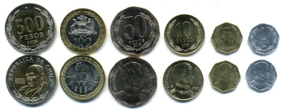Чили лот из 6 монет 1999-2009 (1, 5, 10, 50, 100, 500 песо), 2 монеты биметалл UNC M77-09
