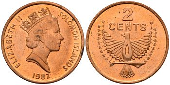 Соломоновы Острова 2 цента 1987 Елизавета II (1953-) KM 25 сталь плакированная бронзой aUNC 4566-345