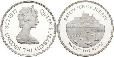 Джерси 25 пенсов 1977 25 лет правления Елизаветы II, в оригинальной коробке, с сертификатом KM 44а серебро PROOF 3-4-4-30
