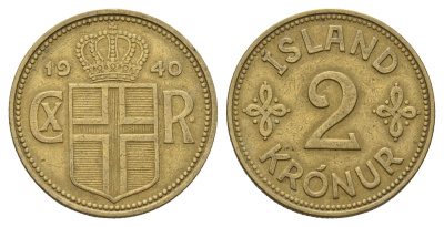 Исландия 2 кроны 1940 KM 4 алюминиевая бронза 85-631