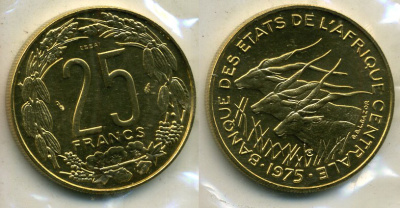Центрально-Африканские штаты 25 франков 1974 пробник, ESSAI KM 10E алюминиевая бронза UNC 5010-743